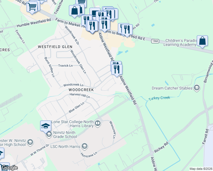 map of restaurants, bars, coffee shops, grocery stores, and more near 3111 Cinnamon Glen Drive in Houston