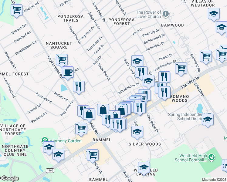 map of restaurants, bars, coffee shops, grocery stores, and more near 17223 West Sugar Meadow Drive in Houston