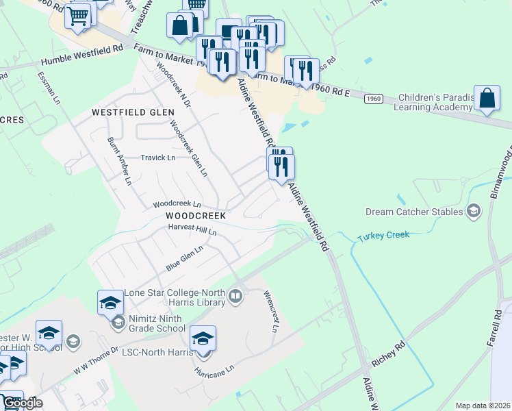 map of restaurants, bars, coffee shops, grocery stores, and more near 3111 Cinnamon Glen Drive in Houston