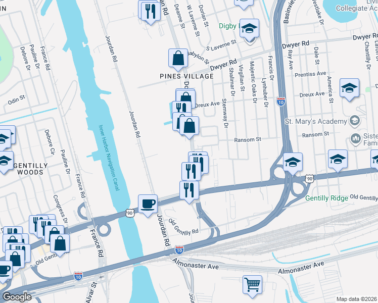 map of restaurants, bars, coffee shops, grocery stores, and more near 4217 Downman Road in New Orleans
