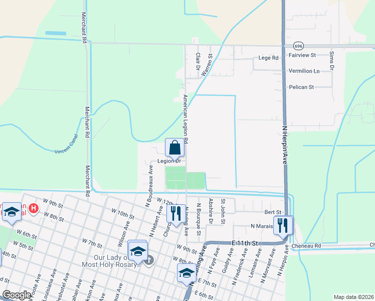map of restaurants, bars, coffee shops, grocery stores, and more near 1607 American Legion Road in Kaplan