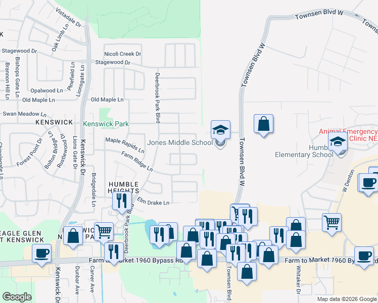 map of restaurants, bars, coffee shops, grocery stores, and more near 9027 Blue Cedar Lane in Humble
