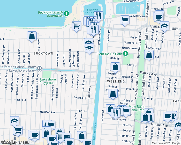 map of restaurants, bars, coffee shops, grocery stores, and more near West Esplanade Avenue & Lake Avenue in Metairie
