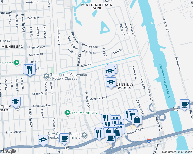 map of restaurants, bars, coffee shops, grocery stores, and more near 5126 Louisa Drive in New Orleans
