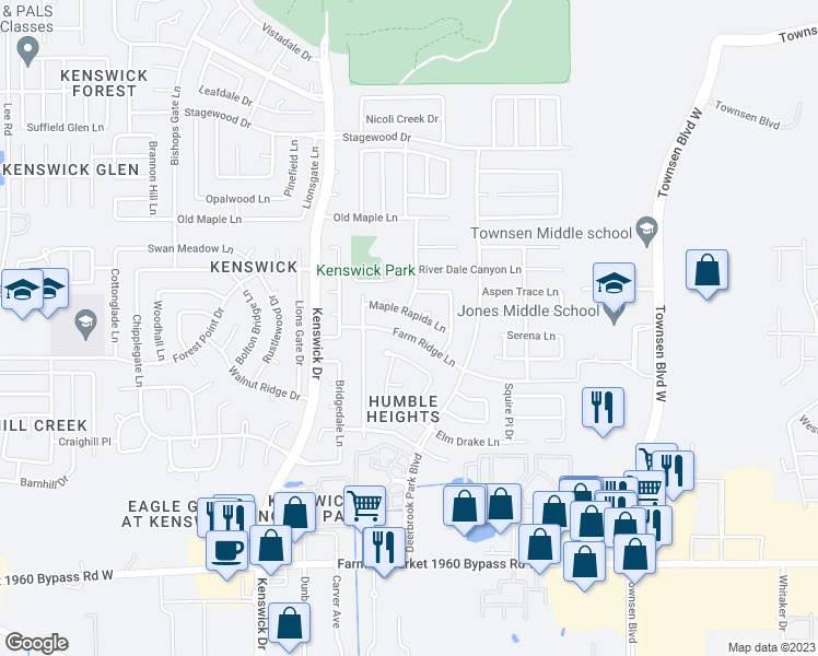 map of restaurants, bars, coffee shops, grocery stores, and more near 8743 Farm Ridge Lane in Humble