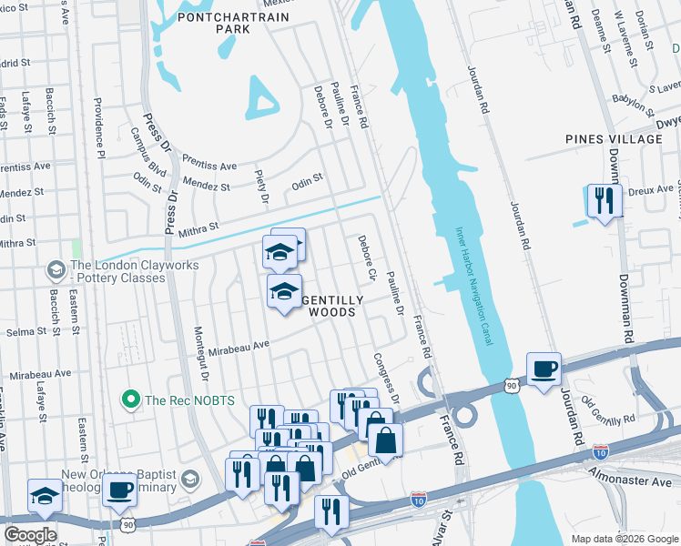 map of restaurants, bars, coffee shops, grocery stores, and more near 5010 Congress Drive in New Orleans