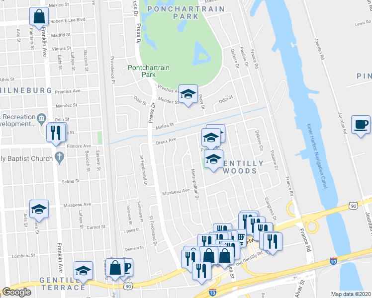 map of restaurants, bars, coffee shops, grocery stores, and more near 5126 Louisa Drive in New Orleans