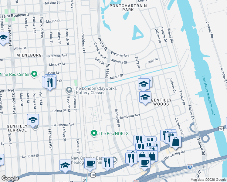 map of restaurants, bars, coffee shops, grocery stores, and more near 4225 Dreux Avenue in New Orleans