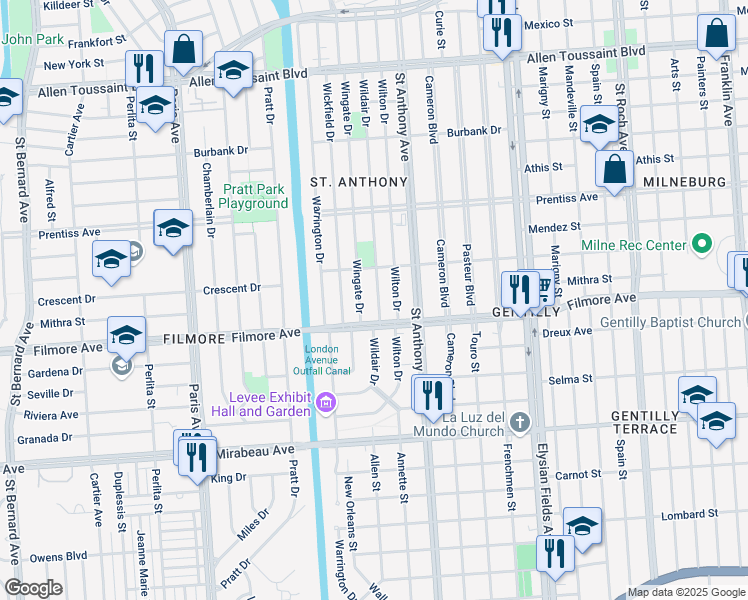 map of restaurants, bars, coffee shops, grocery stores, and more near 5317 Wingate Drive in New Orleans