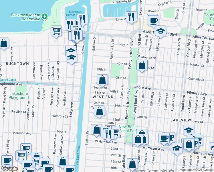 map of restaurants, bars, coffee shops, grocery stores, and more near 6656 Fleur De Lis Drive in New Orleans