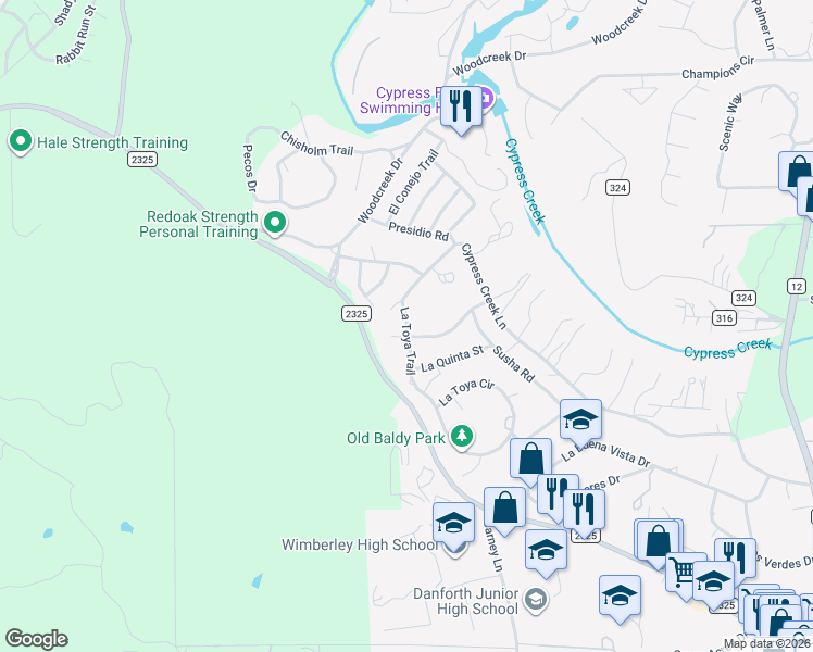 map of restaurants, bars, coffee shops, grocery stores, and more near 312 La Toya Trail in Wimberley