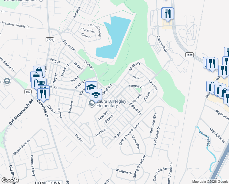 map of restaurants, bars, coffee shops, grocery stores, and more near 199 Cleveland in Kyle
