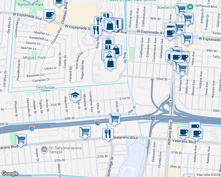 map of restaurants, bars, coffee shops, grocery stores, and more near 3158 Washington Street in Kenner