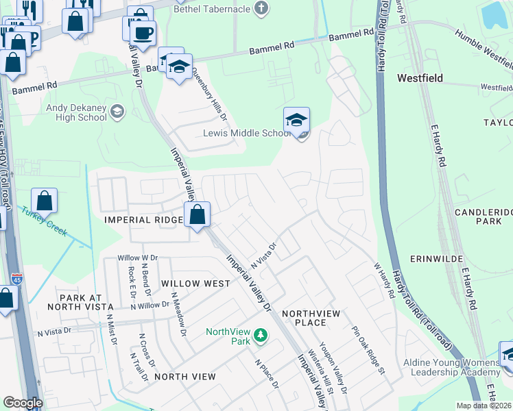 map of restaurants, bars, coffee shops, grocery stores, and more near Southford Ridge Lane in Houston