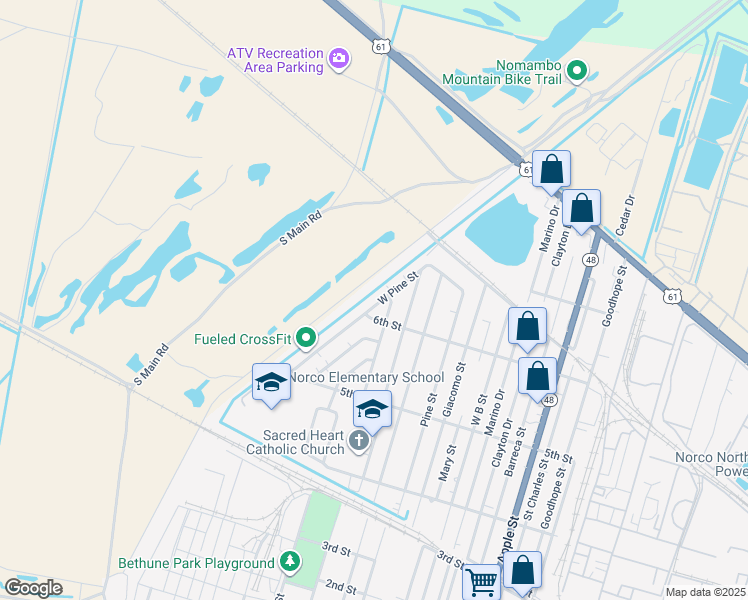 map of restaurants, bars, coffee shops, grocery stores, and more near 613 West Pine Street in Norco