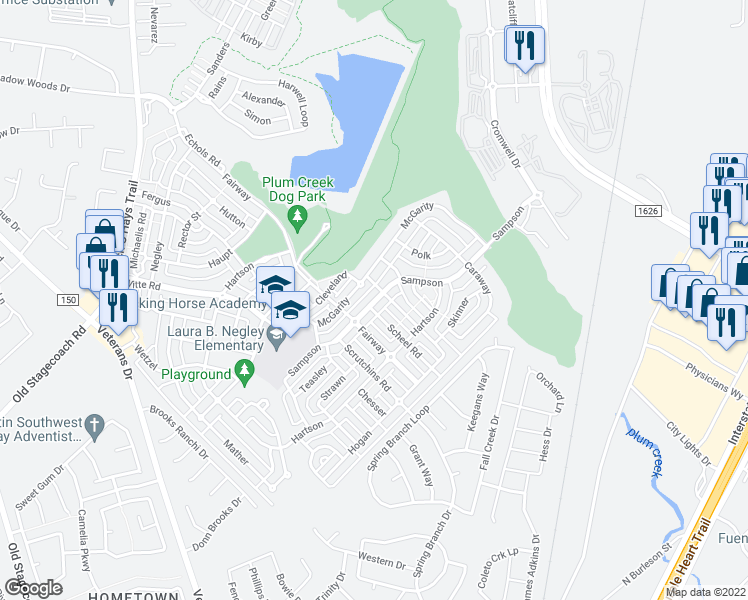 map of restaurants, bars, coffee shops, grocery stores, and more near 453 Sampson Rd in Kyle