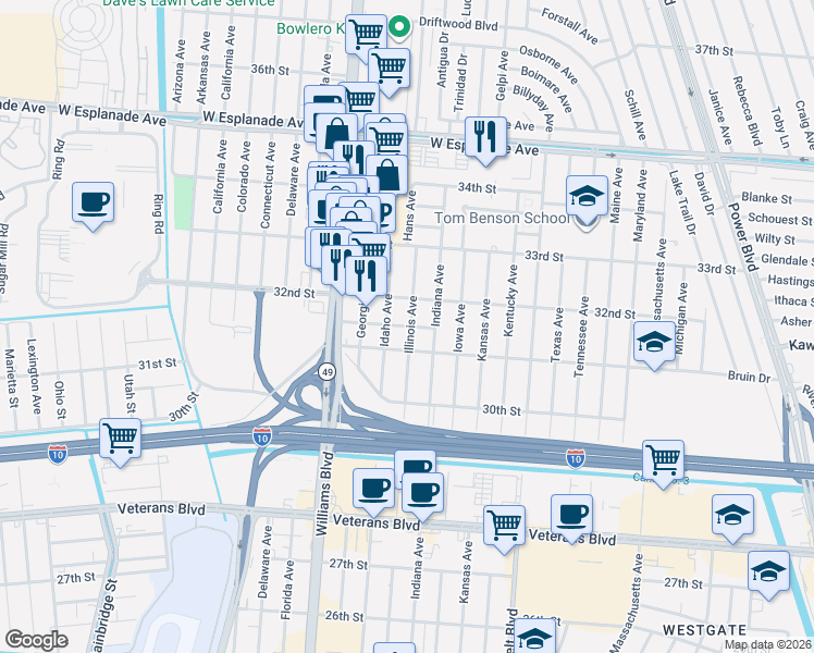 map of restaurants, bars, coffee shops, grocery stores, and more near 3107 Illinois Avenue in Kenner