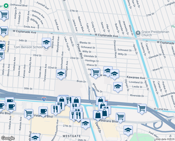 map of restaurants, bars, coffee shops, grocery stores, and more near 7105 Asher Street in Metairie