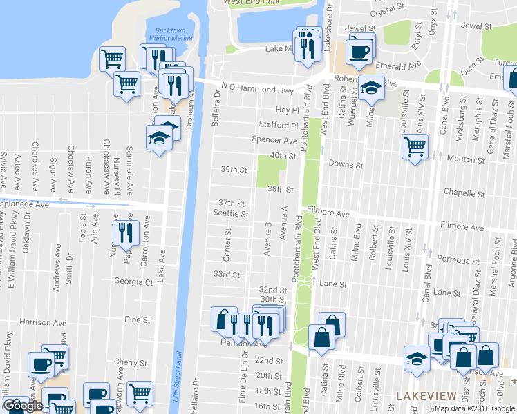 map of restaurants, bars, coffee shops, grocery stores, and more near 6656 Fleur De Lis Drive in New Orleans