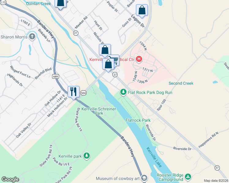 map of restaurants, bars, coffee shops, grocery stores, and more near 3300 Riverside Drive in Kerrville