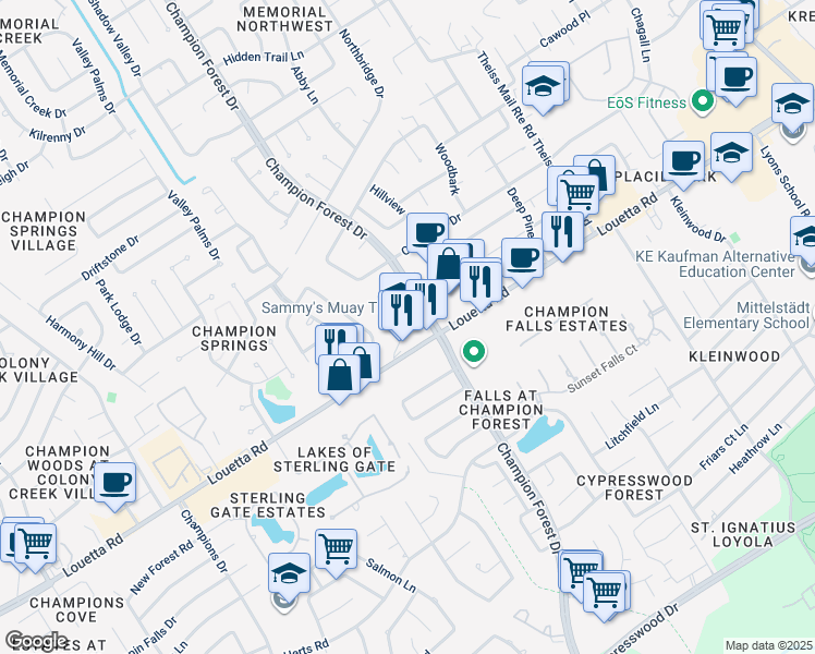 map of restaurants, bars, coffee shops, grocery stores, and more near 8303 Lichen Lane in Spring