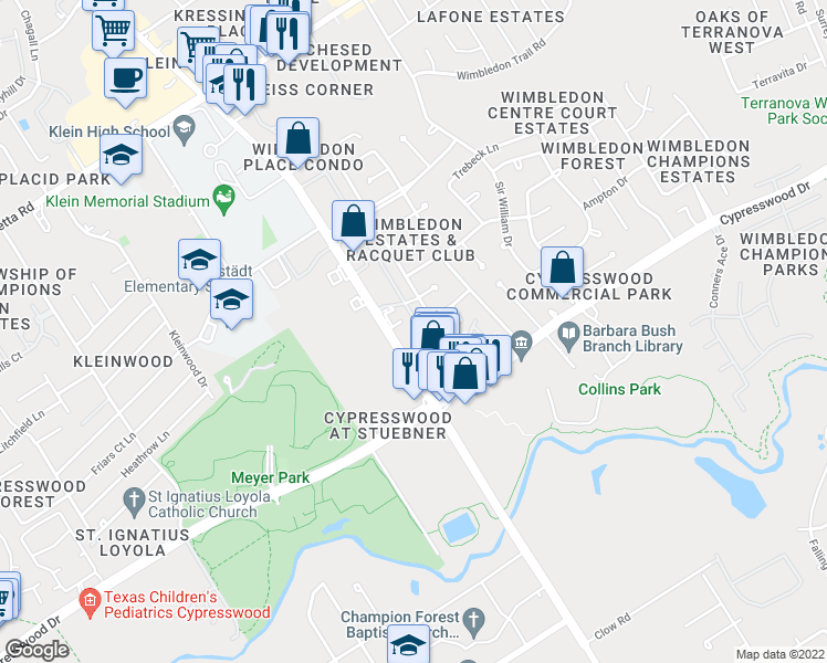 map of restaurants, bars, coffee shops, grocery stores, and more near 16203 Southampton Drive in Spring