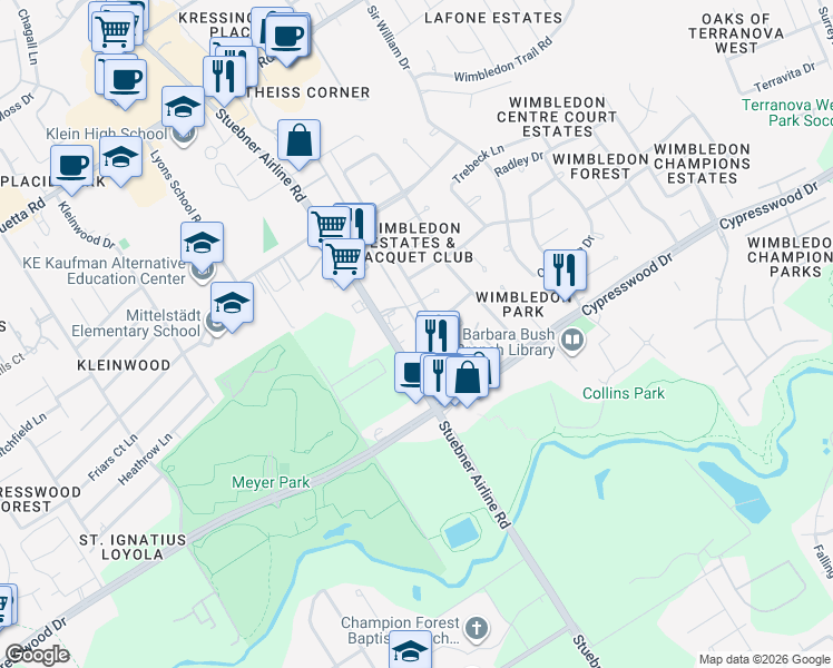 map of restaurants, bars, coffee shops, grocery stores, and more near 16203 Southampton Drive in Spring