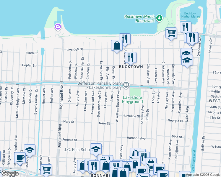 map of restaurants, bars, coffee shops, grocery stores, and more near 1148 Sena Drive in Metairie