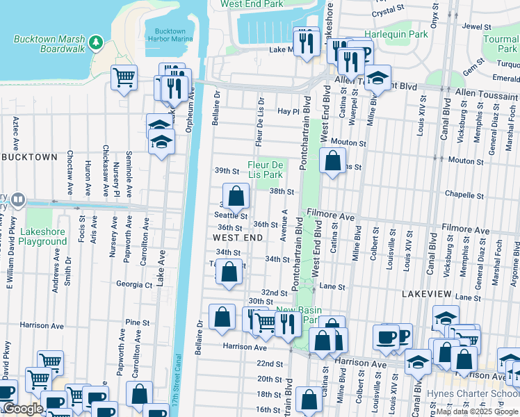 map of restaurants, bars, coffee shops, grocery stores, and more near 6633 Fleur De Lis Drive in New Orleans