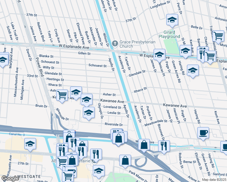 map of restaurants, bars, coffee shops, grocery stores, and more near 6205 Ithaca Street in Metairie