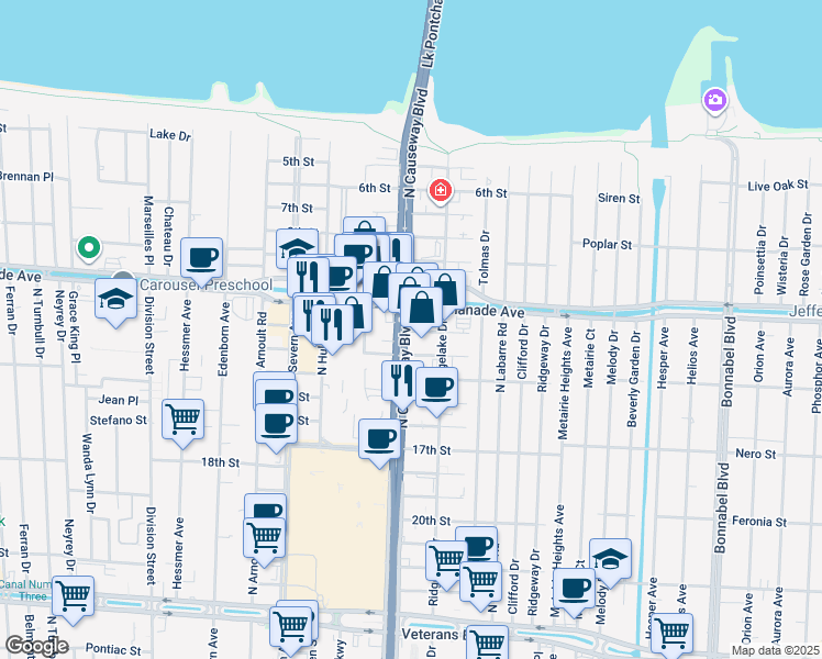 map of restaurants, bars, coffee shops, grocery stores, and more near 3525 North Causeway Boulevard in Metairie
