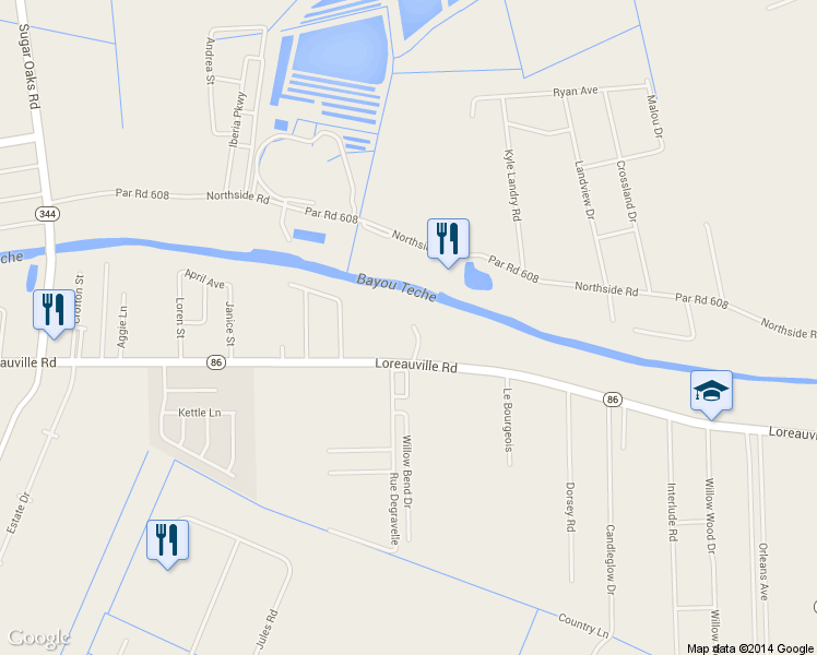 map of restaurants, bars, coffee shops, grocery stores, and more near 3813 Loreauville Road in New Iberia