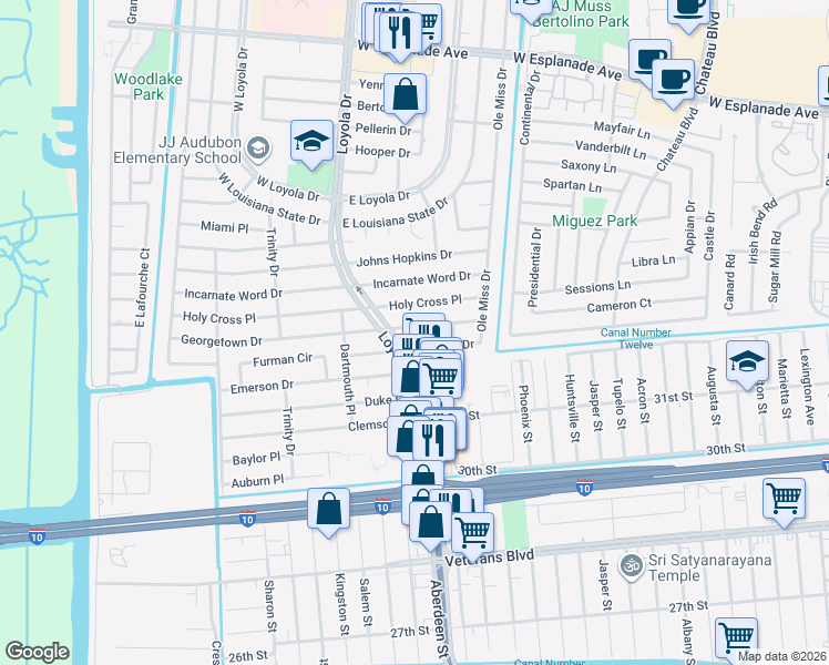 map of restaurants, bars, coffee shops, grocery stores, and more near 428 Georgetown Drive in Kenner