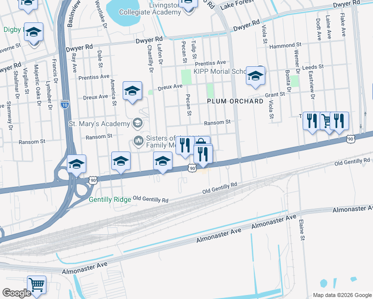 map of restaurants, bars, coffee shops, grocery stores, and more near 4433 Plum Orchard Road in New Orleans