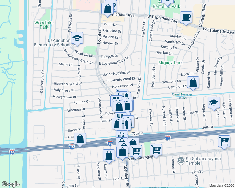 map of restaurants, bars, coffee shops, grocery stores, and more near 428 Georgetown Drive in Kenner