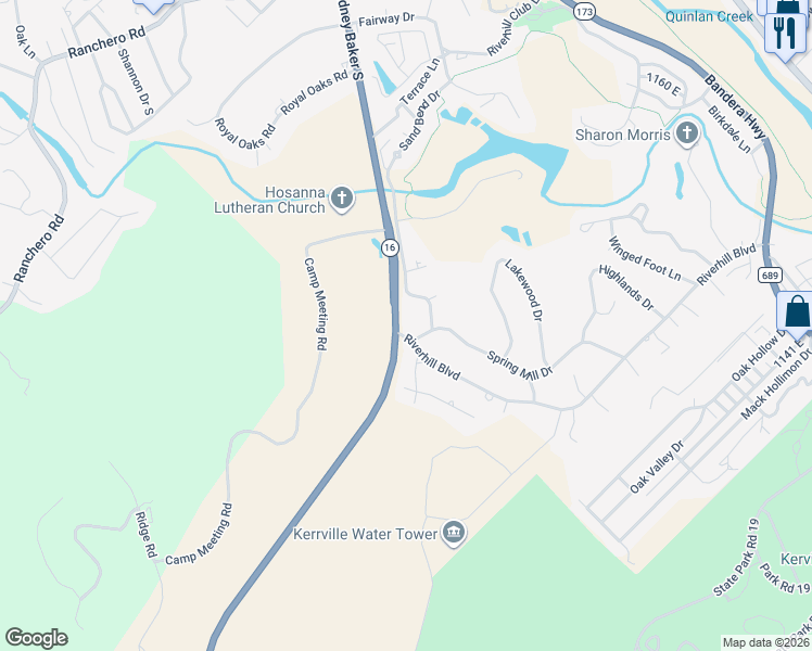 map of restaurants, bars, coffee shops, grocery stores, and more near 100 Riverhill Boulevard in Kerrville