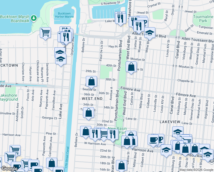 map of restaurants, bars, coffee shops, grocery stores, and more near 6655 Avenue B in New Orleans