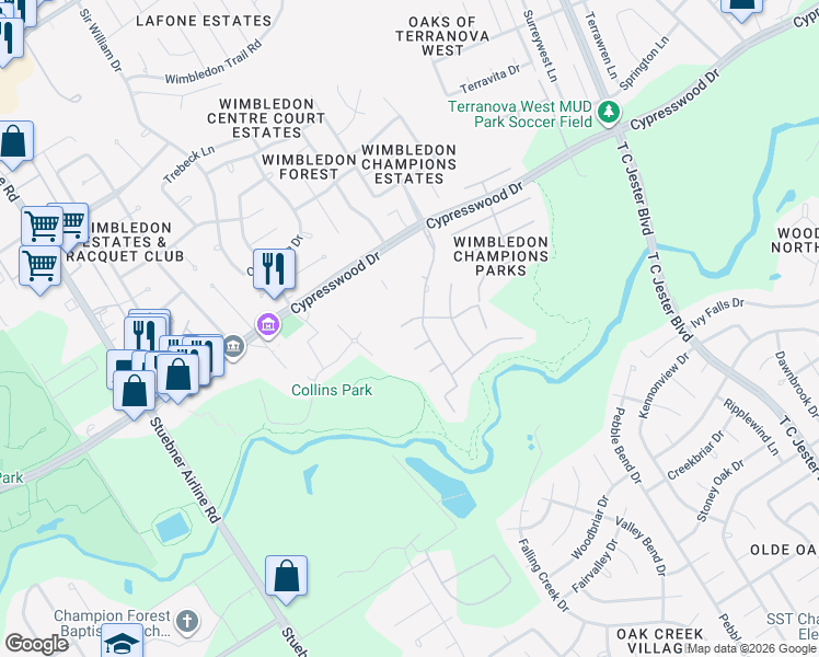 map of restaurants, bars, coffee shops, grocery stores, and more near 6514 Kodes Clay Court in Spring