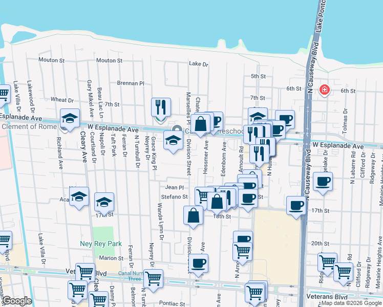map of restaurants, bars, coffee shops, grocery stores, and more near 4394 Division Street in Metairie