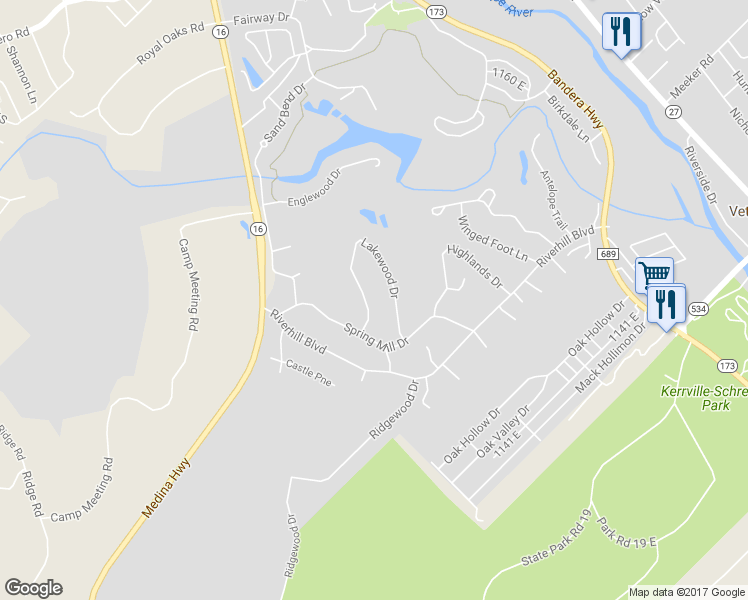 map of restaurants, bars, coffee shops, grocery stores, and more near 207 Lakewood Dr in Kerrville