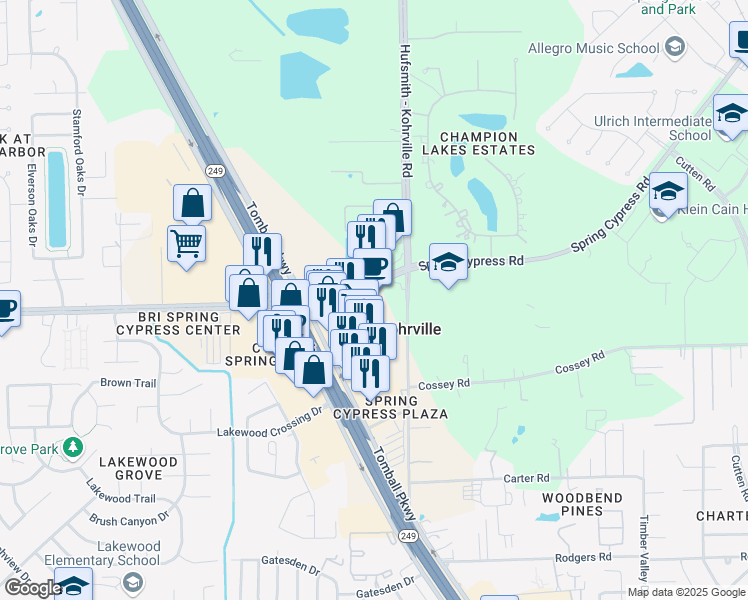 map of restaurants, bars, coffee shops, grocery stores, and more near 10801 Spring Cypress Road in Houston