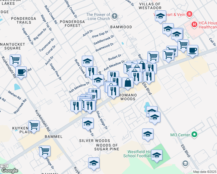 map of restaurants, bars, coffee shops, grocery stores, and more near 17107 Beaver Springs Drive in Houston