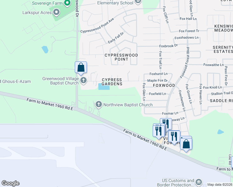 map of restaurants, bars, coffee shops, grocery stores, and more near 6602 Maple Drive in Humble