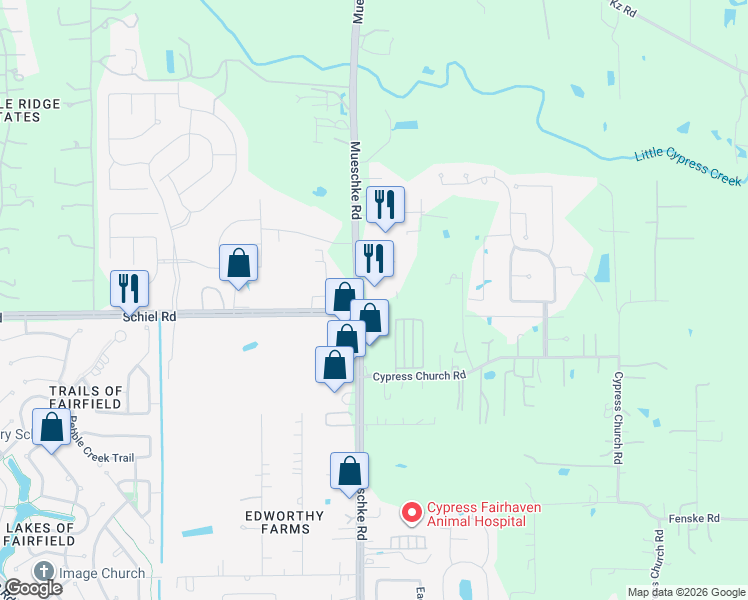 map of restaurants, bars, coffee shops, grocery stores, and more near 16324 Mueschke Road in Cypress
