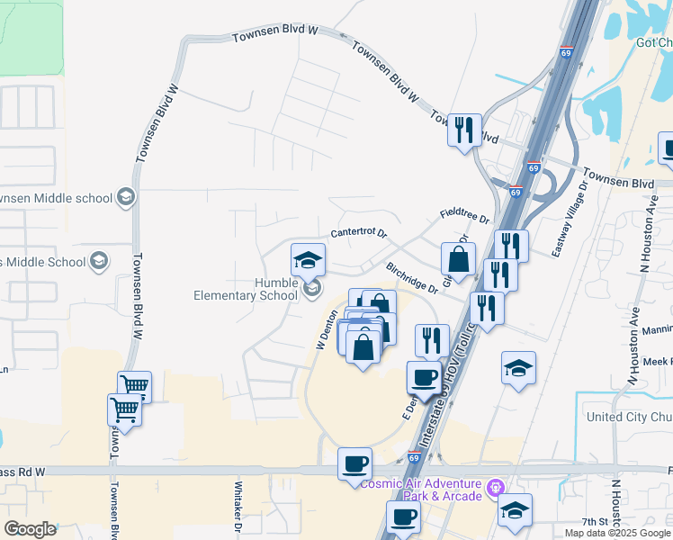 map of restaurants, bars, coffee shops, grocery stores, and more near 20353 Fieldtree Drive in Humble