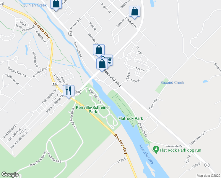 map of restaurants, bars, coffee shops, grocery stores, and more near 3300 Riverside Drive in Kerrville
