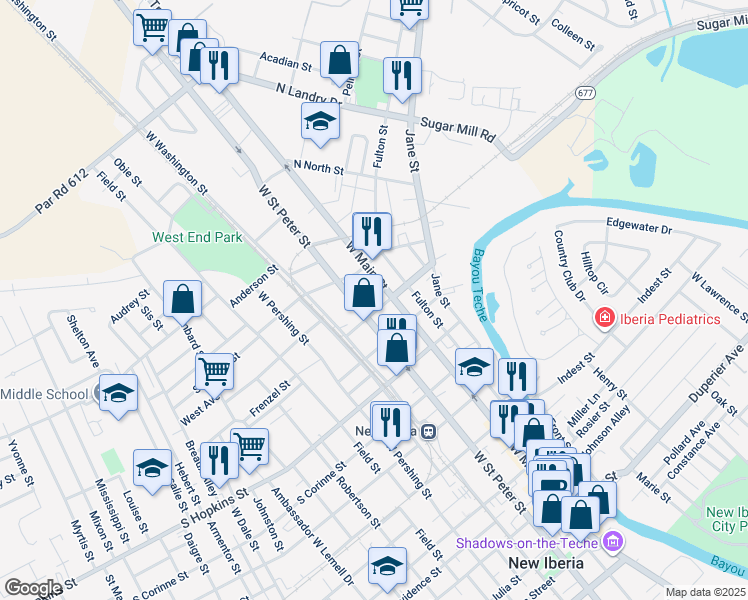 map of restaurants, bars, coffee shops, grocery stores, and more near 809 West Main Street in New Iberia