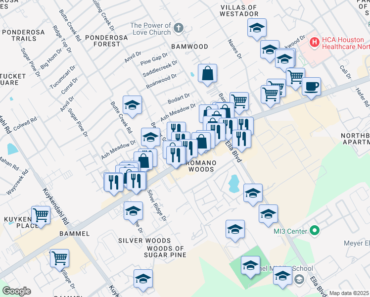 map of restaurants, bars, coffee shops, grocery stores, and more near 17015 Rolling Creek Drive in Houston