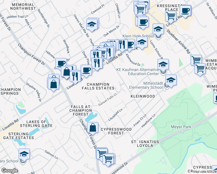 map of restaurants, bars, coffee shops, grocery stores, and more near 16622 Victoria Falls Drive in Spring