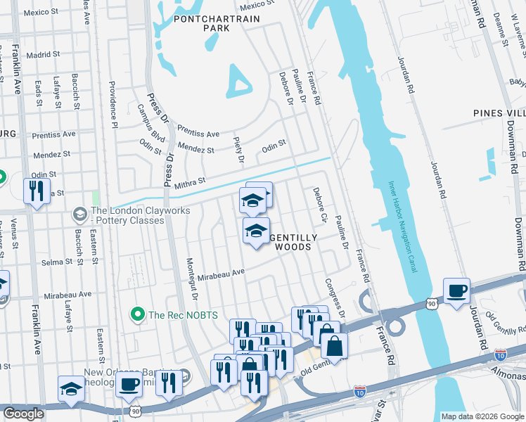 map of restaurants, bars, coffee shops, grocery stores, and more near 5119 Cunningham Court in New Orleans